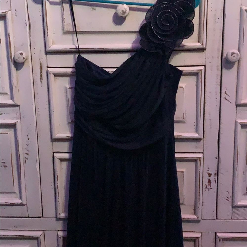 Dark blue, one shoulder short length dress.